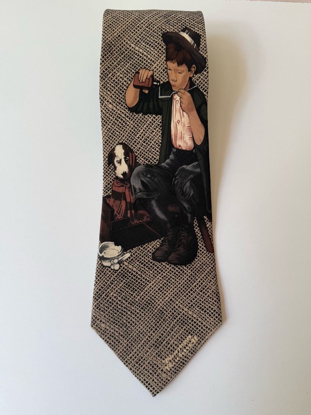 Norman Rockwell Beige Novelty Tie with Boy-and-Dog Illustration